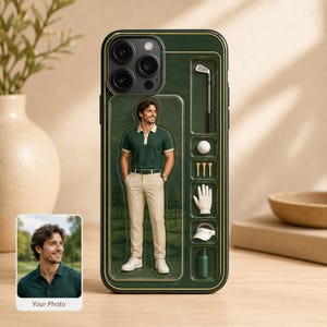 May include: A dark green smartphone case featuring a golf-themed design with a central figure of a golfer in a green polo and khaki pants, surrounded by molded icons of a golf club, ball, tees, glove, visor, and water bottle on a golf course background.