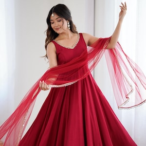 Elegant Red Anarkali Gown Set | Pure Romansilk Chanderi | Mirror Work Dupatta | Indian Ethnic Dress |