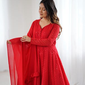 Red Anarkali Dress with Sequence Work & Ruffle Dupatta | Georgette | Gown