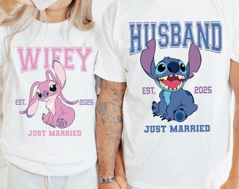 Stitch & Angel Husband Wifey Shirt, Stitch and Angel Couples T-shirt, Disney Honeymoon T-shirt, Disney Wedding Trip T-shirt, Comfort Colors®
