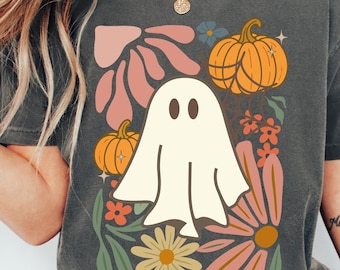 Comfort Colors® Floral Ghost Halloween Shirt, Pumpkin Fall Shirt, Boho Spooky Season T-Shirt, Halloween Floral Ghost Shirt, Cute Fall Shirts