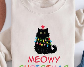Meowy Christmas Shirt, Cat Christmas Sweatshirt, Cat Lover Xmas TShirt, Christmas Cat Mom Sweater, Catmas Gift For New Year, Comfort Colors®