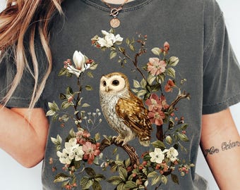 Dark Cottagecore Owl Comfort Colors® Adult Unisex Garment Dyed Tee & Long Sleeve Tee, Forestcore Owl Top, Gift for Her, Vintage Gothic Shirt