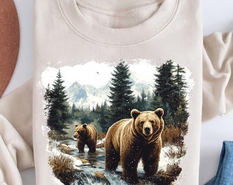Retro Grizzly Bears Wilderness Scene Sweatshirts, Nineties 90s Vintage Brown Bear Outfit,  Boho Unisex Crewneck Sweatshirts, Comfort Colors®