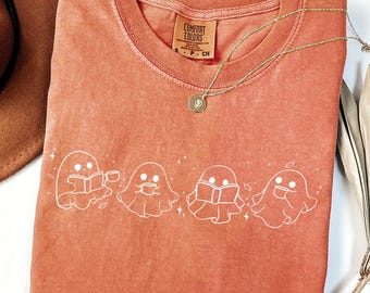 Comfort Colors® Cute Ghost Reading Books Shirt, Womens Halloween Shirt, Books Lover Halloween Shirt, Spooky Season, Bookish Halloween Shirts