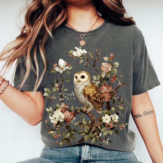 Dark Cottagecore Owl Comfort Colors® Adult Unisex Garment Dyed Tee & Long Sleeve Tee, Forestcore Owl Top, Gift for Her, Vintage Gothic Shirt
