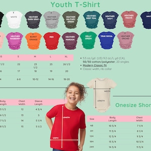 May include: A variety of youth t-shirts in various colors, including black, white, and navy, are displayed. The image also shows a red toddler t-shirt and a onesie. Measurements are provided in inches for body length, chest width, and sleeve length.