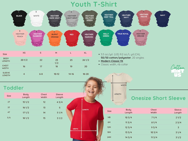 May include: A variety of youth t-shirts in various colors, including black, white, and navy, are displayed. The image also shows a red toddler t-shirt and a onesie. Measurements are provided in inches for body length, chest width, and sleeve length.