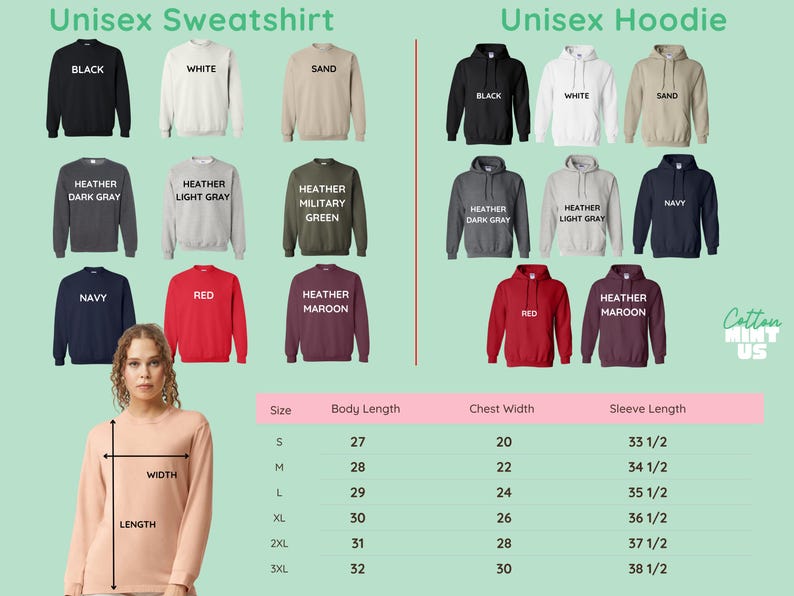 The image is a collage of various sweatshirts and hoodies, each with different colors and sizes, along with a woman wearing one of the sweatshirts. The image also includes a table with measurements for the different sizes of the sweatshirts and hoodies.
