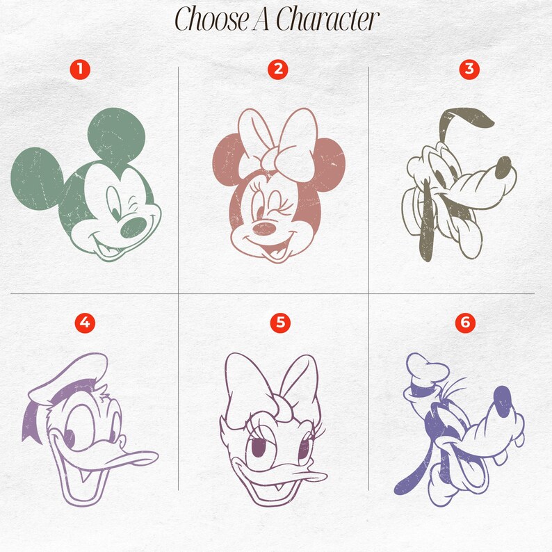 Puede incluir: Gr&aacute;fico con seis retratos de personajes de Disney: Mickey Mouse, Minnie Mouse, Pluto, Pato Donald, Daisy y Goofy. El texto "Choose A Character" est&aacute; en la parte superior. Cada personaje tiene un color diferente, con un efecto vintage.