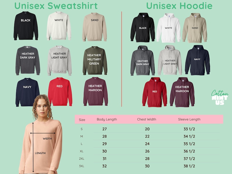 The image is a collage of various sweatshirts and hoodies, each with different colors and sizes, along with a woman wearing one of the sweatshirts. The image also includes a table with measurements for the different sizes of the sweatshirts and hoodies.