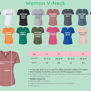 May include: A display of various women's V-neck t-shirts in multiple colors, including black, white, red, and heather gray. The image also shows size measurements in inches and fabric details.