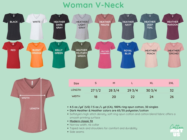 May include: A display of various women's V-neck t-shirts in multiple colors, including black, white, red, and heather gray. The image also shows size measurements in inches and fabric details.