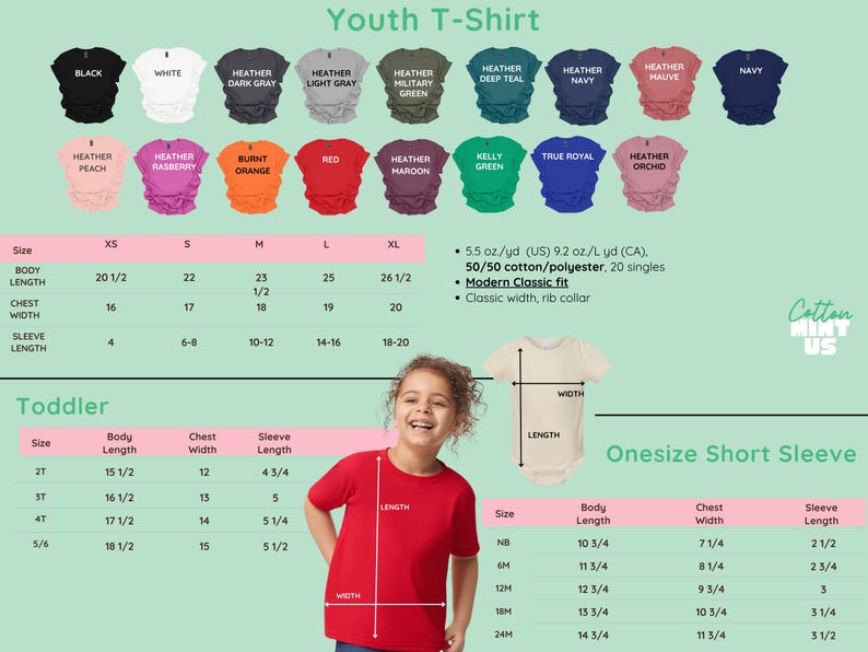 The image is a collage of various images featuring a young girl wearing a red t-shirt, along with size and color charts for different age groups, including toddler and youth t-shirts.