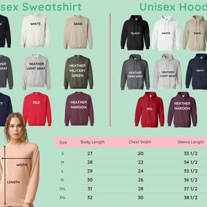 May include: A product image showcasing a variety of unisex sweatshirts and hoodies in various colors, including black, white, and red. A size chart provides measurements for body length, chest width, and sleeve length in inches.