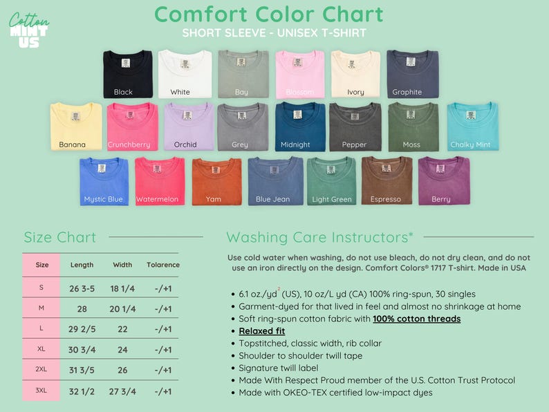 Może przedstawiać: Karta kolor&oacute;w koszulek unisex z kr&oacute;tkim rękawem Comfort Colors w r&oacute;żnych kolorach, w tym czarnym, białym i niebieskim. Obraz zawiera r&oacute;wnież tabelę rozmiar&oacute;w i instrukcje prania.