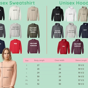 The image is a collage of various sweatshirts and hoodies, each with different colors and sizes, along with a woman wearing one of the sweatshirts. The image also includes a table with measurements for the different sizes of the sweatshirts and hoodies.