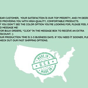a message from a company to a customer, stating that the customer's satisfaction is their top priority and they are dedicated to providing high-quality, comfortable products. The message also mentions that the customer can message the company for bulk orders and offers an extra discount for bulk orders. The message also mentions the company's production time and suggests checking out their fast shipping options.