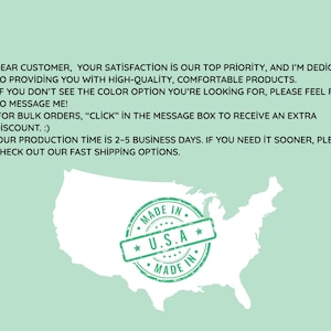 a message from a company to a customer, stating that the customer's satisfaction is their top priority and they are dedicated to providing high-quality, comfortable products. The message also mentions that the customer can message the company for bulk orders and offers an extra discount for bulk orders. The message also mentions the company's production time and suggests checking out their fast shipping options.