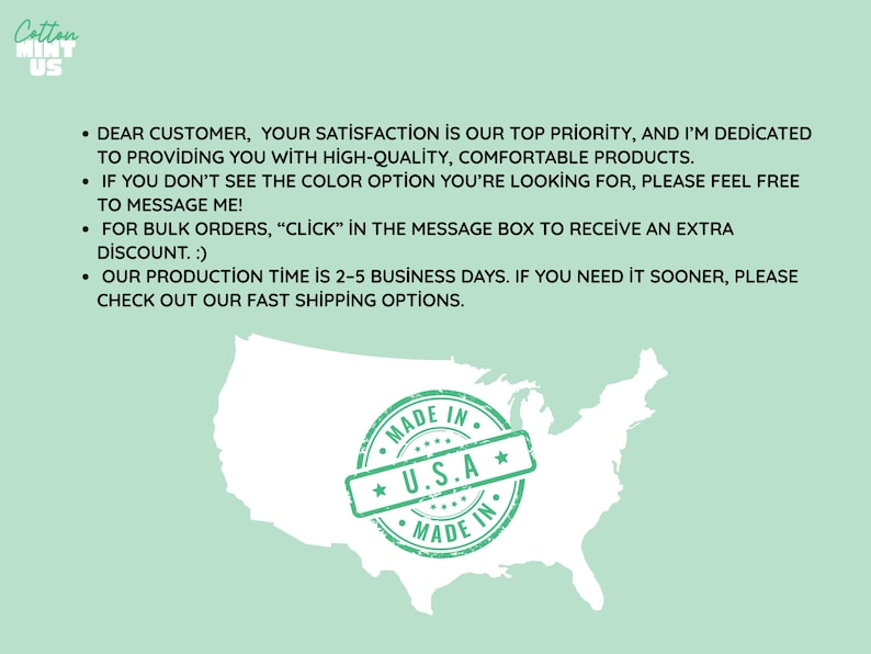 a message from a company to a customer, stating that the customer's satisfaction is their top priority and they are dedicated to providing high-quality, comfortable products. The message also mentions that the customer can message the company for bulk orders and offers an extra discount for bulk orders. The message also mentions the company's production time and suggests checking out their fast shipping options.
