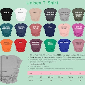 May include: A variety of unisex t-shirts in various colors, including black, white, and navy. The image displays a size chart with measurements in inches and fabric details. The shirts are made of ring-spun cotton.