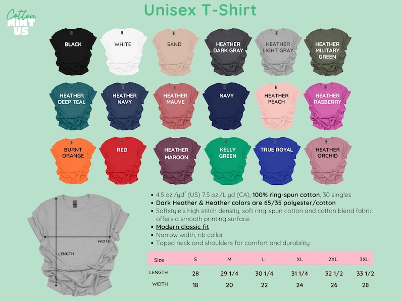 May include: A variety of unisex t-shirts in various colors, including black, white, and navy. The image displays a size chart with measurements in inches and fabric details. The shirts are made of ring-spun cotton.