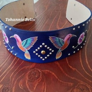 Beautiful, one of a kind, handmade, painted Hummingbird leather belt.