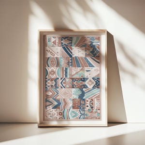 Boho mosaik lapptäcke poster: Abstrakt geometrisk utskrivbar väggkonst, neutral modern heminredning (digital nedladdning)