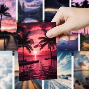 May include: A rectangular print featuring a vibrant sunset over a tropical beach. The image showcases palm trees silhouetted against a fiery red and pink sky, with the sun reflecting on the water. The print is held by a hand.