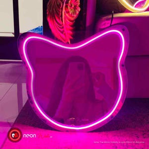 Cat Face Neon Mirror – Meow LED Selfie Mirror for Girls Room Decor | 16 x 15 Inch Pink Acrylic Wall Mirror with Neon Light