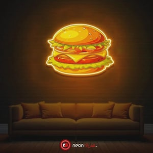 Burger Neon Sign – LED UV Wall Light for Kitchen, Cafe, Diner Decor, Foodie Gift, Restaurant Neon Sign, Fast Food Wall Art, Burger Light