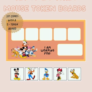 May include: A set of two rectangular token boards featuring Disney characters. The boards are orange with five white squares for tokens and a white box labeled I AM WORKING FOR. Below are five individual square cards showing Mickey, Goofy, Donald, Minnie, and Pluto.