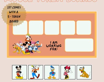 May include: A set of two rectangular token boards featuring Disney characters. The boards are orange with five white squares for tokens and a white box labelled I AM WORKING FOR. Below are five individual square cards showing Mickey, Goofy, Donald, Minnie, and Pluto.