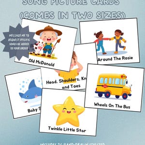 May include: A set of illustrated song picture cards, including titles such as "Old McDonald" and "Wheels on the Bus." The cards feature colourful, hand-drawn images and text, designed to encourage group activities. The text on the cards reads "Sensory Social Song Picture Cards."