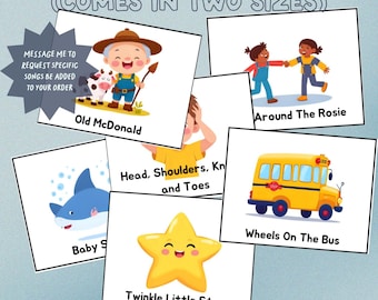 May include: A collection of illustrated song picture cards, featuring titles like "Old McDonald" and "Wheels on the Bus." The cards are designed with colorful, hand-drawn images and text, promoting group activities. The text on the cards reads "Sensory Social Song Picture Cards."