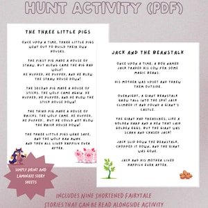 May include: A printable PDF activity featuring shortened fairytale stories, including "The Three Little Pigs" and "Jack and the Beanstalk." The design includes illustrations and text, with instructions for a scavenger hunt.