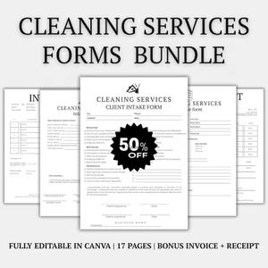 Könnte beinhalten: Ein Bündel von Reinigungsdienstleistungsformularen, darunter ein Kundenaufnahmeformular, eine Rechnung und eine Quittung. Die Formulare sind weiß mit schwarzem Text und einem 50 % Rabatt-Aufkleber.