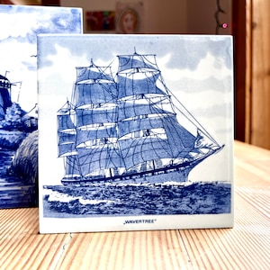 Blue Delft Tile, Ship Wall Hanging, Nautical Decor, Vintage Blue Delft, Danish Ship Wall Hanging, Scandi Decor, Blue Delft Ship Tile