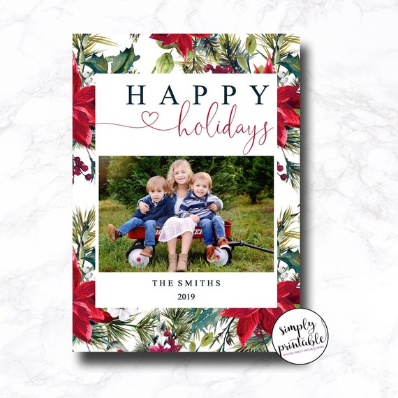 Happy Holidays, Christmas Card Photo, Printable, Floral Watercolor ,Merry Christmas, Holiday Card, Printed Cards Il_570xn