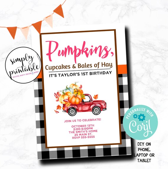 EDITABLE Fall Pumpkin 1st Birthday Invitation, Autumn, Pumpkin, Pink, and Bales of Hay, Buffalo Check Invite, 1st Instant Download, DIY Il_570xn