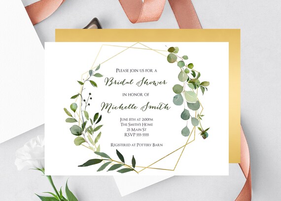 Bridal Shower Invitation, Floral, Watercolor, Wedding Shower Invite, Green, Gold Il_570xn