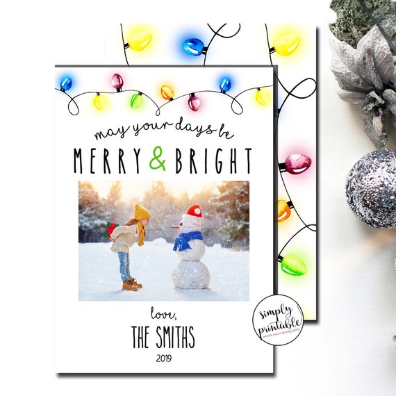 Christmas Card with Photos, Printable Holiday Card, Merry and Bright, Family Card, Printed Il_570xn