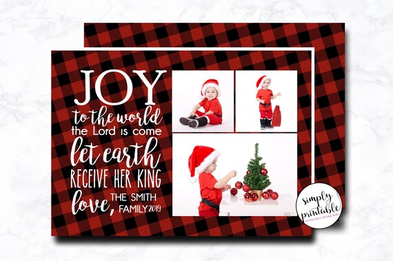 Christmas Card with Photo, Joy to the World, Religious Card, Buffalo Check, Plaid Il_570xn