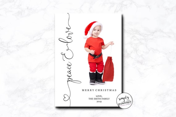 Christmas Photo Card, Modern, Peace and Love, Holiday Card, Plaid, Black and White, Printable, Printed Il_570xn