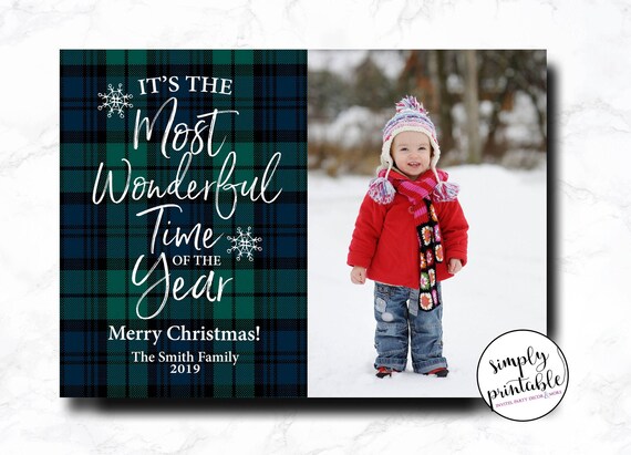 Christmas Card with Photo, The Most Wonderful Time of the Year, Green Plaid Il_570xn