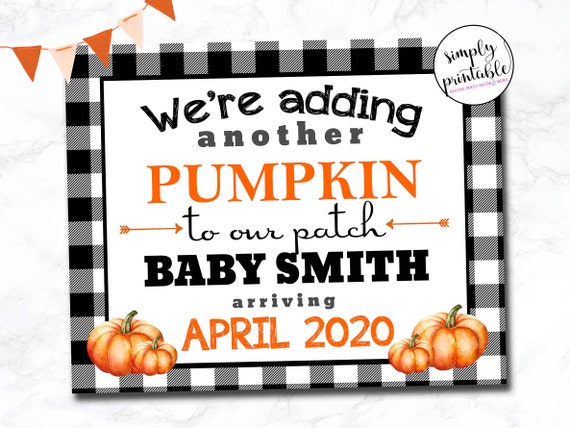 Printable Pregnancy Announcement Sign, Halloween Baby Announcement, Reveal, Pumpkin in the Patch, Buffalo Plaid Il_570xn