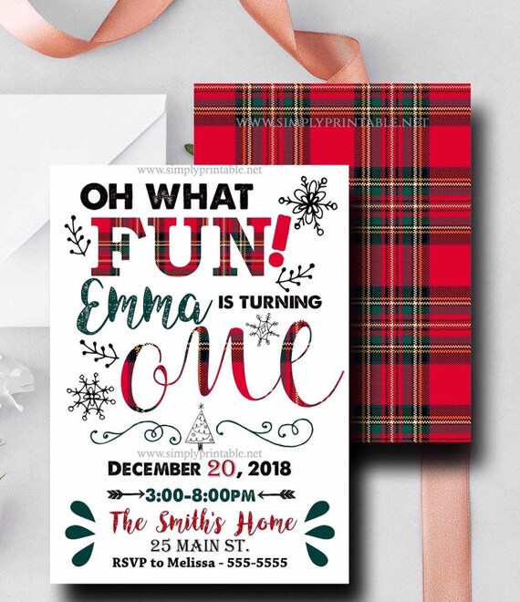 1st Birthday Invitation, Christmas Plaid Birthday Invitation, First Bday Invite, Oh What Fun Il_570xn
