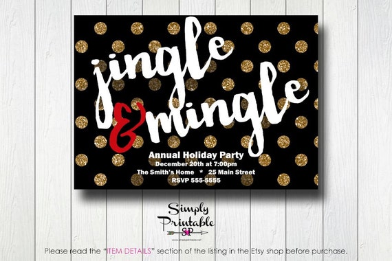 Christmas Party Invitation, Jingle and Mingle, Holiday Party Invitation, Christmas Party Invite, Gold Black Red Christmas Party Il_570xn