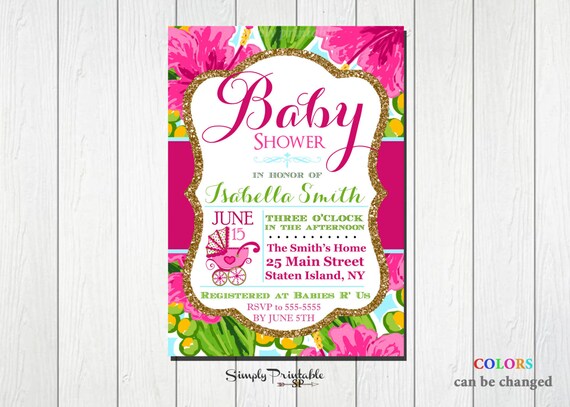 Floral Baby Shower Invitation, Garden Baby Shower Invite, Pink Hibiscus, Green Il_570xn