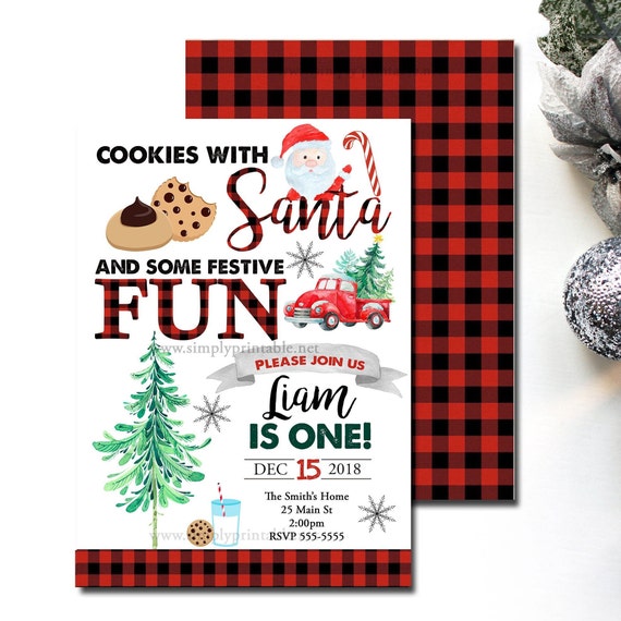 Cookies with Santa Invitation, 1st Birthday Invite, Christmas, Holiday Party, Buffalo Plaid Il_570xn